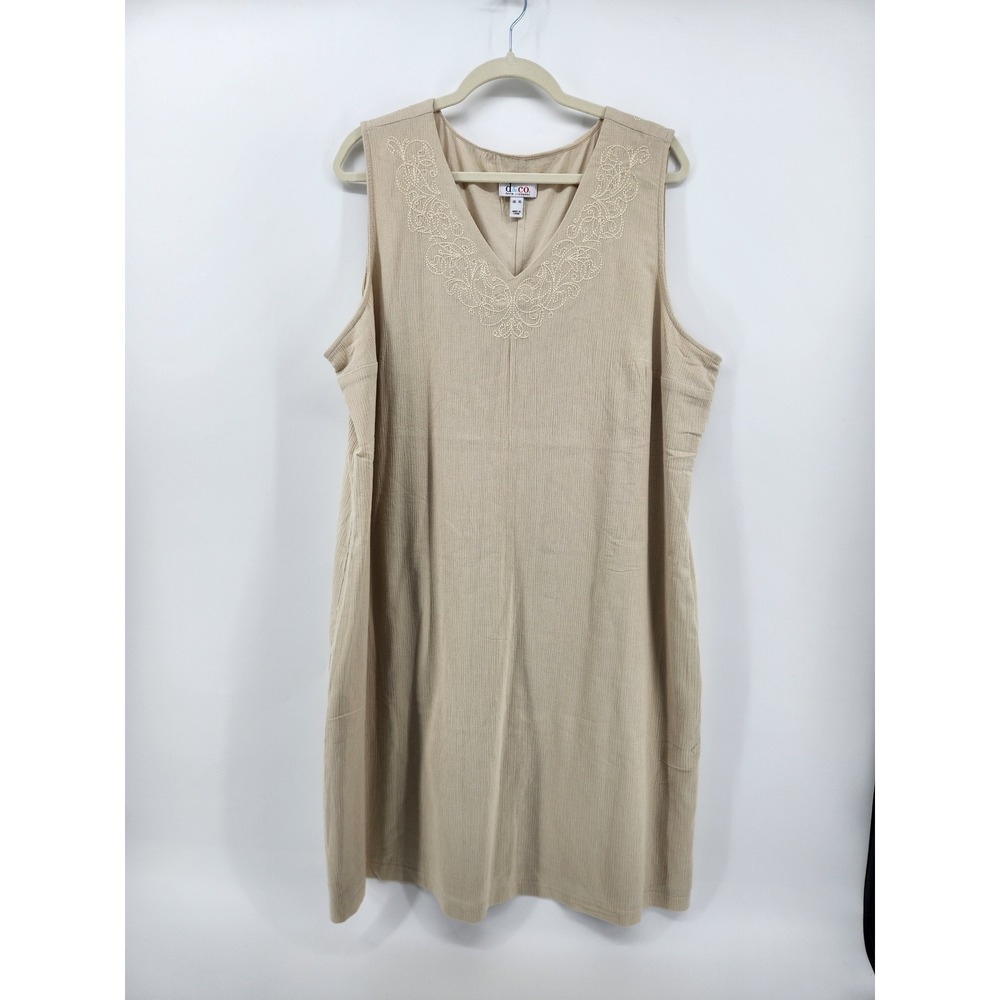 Denim & Co. Women's XL‎ Sleeveless Beige Dress V-Neck Casual Embroidered